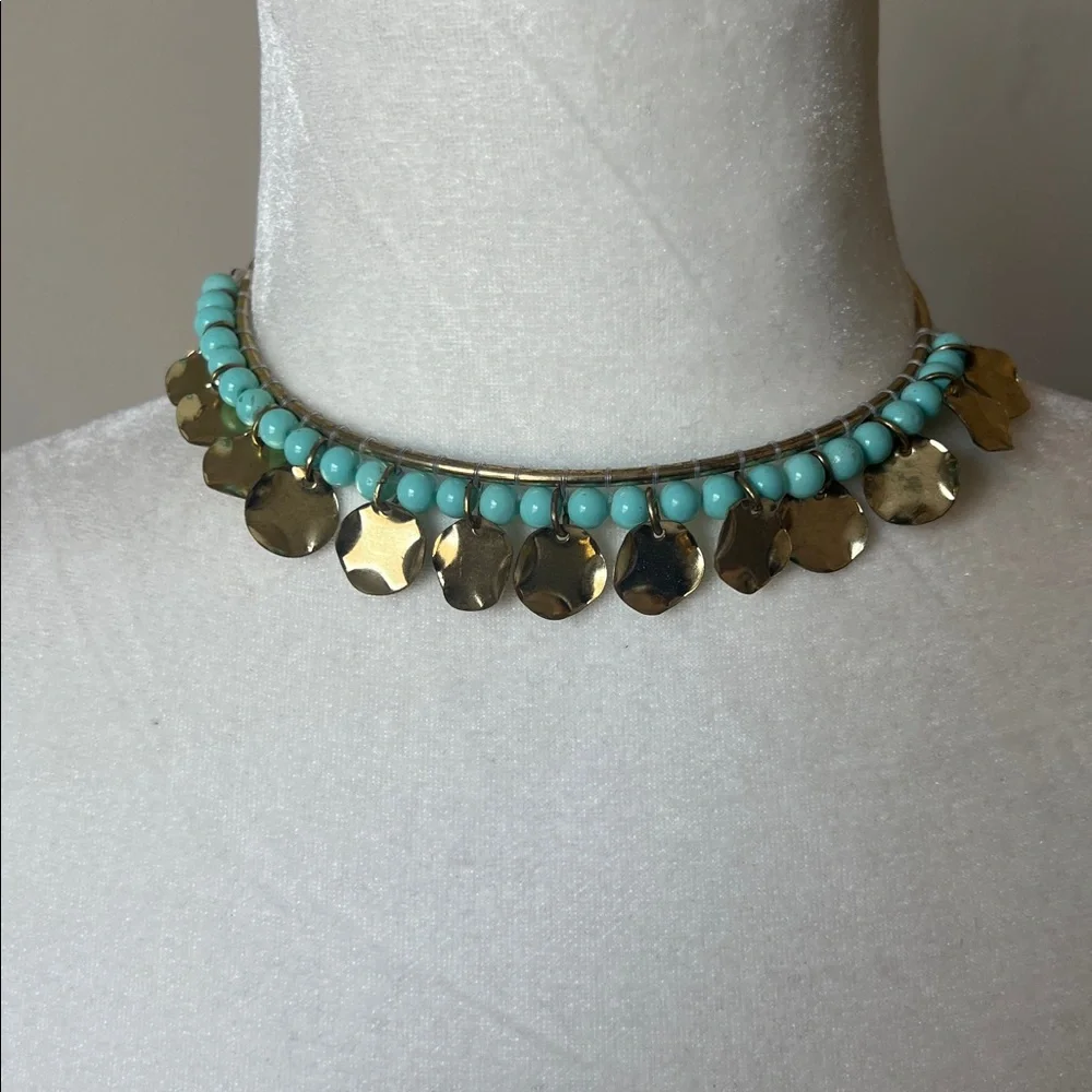 NKN Nekane Joyce Blue Beaded Gold Disc Distressed Choker Necklace NWT Reg. $89 - Picture 2 of 9